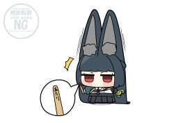  1girl absurdres animal_ear_fluff animal_ears aqua_jacket black_hair black_necktie black_skirt chibi commentary_request fox_ears fox_girl full_body highres holding hoshimi_miyabi jacket long_hair necktie popsicle_stick red_eyes shinonome_nashi shirt skirt solo speech_bubble white_background white_shirt zenless_zone_zero 