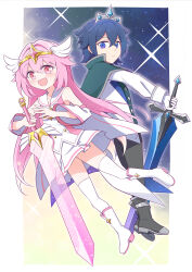  1boy 1girl :d blue_eyes blue_hair blush boots cape commentary_request commission detached_sleeves gloves green_cape grey_boots grey_pants hair_between_eyes hair_intakes harada_(sansei_rain) headpiece highres holding holding_sword holding_weapon long_hair long_sleeves original pants pink_hair pleated_skirt red_eyes sailor_collar shirt skeb_commission skirt smile sword thigh-highs thighhighs_under_boots very_long_hair weapon white_boots white_cape white_gloves white_sailor_collar white_shirt white_skirt white_sleeves white_thighhighs wide_sleeves 