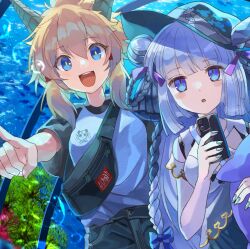  2girls aquarium bag between_breasts blonde_hair blue_hair blue_ribbon braid breasts cellphone commentary_request doll gradient_hair grey_hair hair_bun hair_ribbon haku_(p&amp;d) hat highres holding holding_doll holding_phone horns long_hair multicolored_hair multiple_girls pants phone pointing puzzle_&amp;_dragons qilin_(p&amp;d) rakulog ribbon shirt smartphone standing strap_between_breasts 