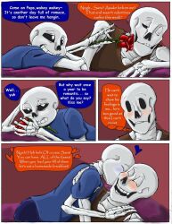 2018 2boys 2d black_shorts blue_shirt blush border brothers brown_tank_top comic comic_sans commentary couch cube digital_media doll duo english_commentary english_text fallenara flower heart height_difference holding holding_flower hollow_eyes humanoid incest indoors kiss looking_at_another lying male male_focus male_only monster monster_boy multiple_boys on_side one_eye_closed open_mouth papyrus_(font) papyrus_(undertale) red_flower rose sans_(undertale) shirt shorts siblings sitting skeleton speech_bubble tank_top teeth text thought_bubble undead undertale upper_body utdr_(toby_fox) white_border