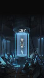  1girl abandoned belt_pouch black_bodysuit blue_gloves bodysuit closed_eyes cropped_jacket floating gloves grey_hair grey_scarf hair_ornament highres icey icey_(game) in_container logo neon_trim official_art pouch ruins scarf solo stasis_tank 