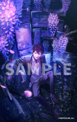  1boy akapii_(jun_0512) bandaged_hand bandages black_jacket black_pants blazer broken_monitor collared_shirt commentary copyright_name copyright_notice falling_petals flower from_above green_eyes jacket kenmochi_touya kenmochi_touya_(1st_costume) knee_up long_sleeves looking_at_viewer male_focus monitor necktie nijisanji official_art open_clothes open_jacket pants petals pouch purple_hair red_necktie sample_watermark school_uniform shirt shoes short_hair sitting smile solo sweater_vest virtual_youtuber watermark white_shirt wisteria 