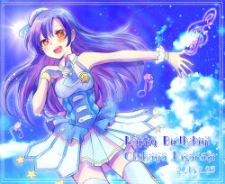  1girl :d ayuko_(ayuco) beret blue_gloves blue_hair blue_necktie blush character_name commentary_request dated day fingerless_gloves gloves happy_birthday hat idolmaster idolmaster_(classic) idolmaster_platinum_stars kisaragi_chihaya long_hair mini_hat necktie open_mouth orange_eyes outdoors single_fingerless_glove skirt sleeveless smile solo standing thigh-highs twinkle_star_(idolmaster) white_hat white_skirt white_thighhighs 