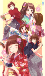  2boys 4girls :d ^_^ ahoge amagase_touma amami_haruka antenna_hair ayuko_(ayuco) blush brown_eyes brown_hair chopsticks closed_eyes commentary_request eating facial_mark floral_print floral_print_kimono food grey_pants grin hagoita hakama hakama_pants hanetsuki hidaka_ai highres holding holding_chopsticks holding_paddle idolmaster idolmaster_(classic) idolmaster_cinderella_girls idolmaster_dearly_stars idolmaster_million_live! idolmaster_side-m japanese_clothes kasuga_mirai kimono long_hair mochi multiple_boys multiple_girls new_year obi one_side_up paddle pants pinstripe_pants pinstripe_pattern print_kimono red_eyes red_kimono sash shimamura_uzuki short_hair smile tendo_teru whisker_markings 