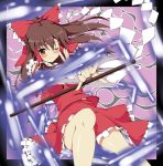  blush bow brown_eyes brown_hair cover detached_sleeves foreshortening gohei hair_bow hakurei_reimu hands japanese_clothes large_bow legs long_hair outstretched_arm piromizu smile touhou wink 