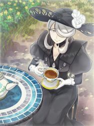  1girl black_dress black_hat cogita_(pokemon) cup dress flower from_above gloves grey_eyes grey_hair hair_over_one_eye hat long_hair long_sleeves looking_at_viewer outdoors pokemon pokemon_legends:_arceus rose runachikku solo steam teacup teapot white_flower white_gloves white_rose wide_brim 