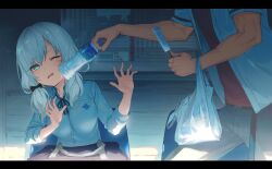  1boy 1girl anna_039 ars_almal ars_almal_(4th_costume) bag belt black_pants blue_eyes bottle bow breasts cheek_poking collared_shirt commentary ex_albio food grey_hair hair_bow highres holding holding_bag holding_food holding_popsicle large_breasts letterboxed long_hair long_sleeves low_twintails neck_ribbon nijisanji one_eye_closed open_clothes open_hands open_shirt pants plastic_bag poking popsicle red_skirt ribbon school_bag school_uniform shirt sitting skirt summer twintails untranslatable_commentary virtual_youtuber water_bottle white_shirt 