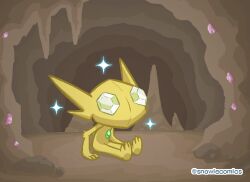  alternate_color cave_interior commentary gem no_humans pokemon pokemon_(creature) pokemon_focus sableye shiny_pokemon sitting snowiecomics solo sparkle untranslatable_commentary 