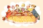  5boys alcohol asbel_lhant cheria_barnes conoha food hair_ornament hubert_ozwell japanese_clothes kimono kotatsu lambda malik_caesars multiple_boys multiple_girls noodles pascal richard_(tales_of_graces) sophie_(tales_of_graces) table tales_of_(series) tales_of_graces 