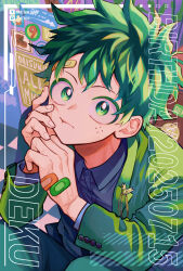  1boy :t bandaid bandaid_on_face bandaid_on_forehead bandaid_on_hand birthday blue_shirt boku_no_hero_academia bright_pupils buttoned_cuffs buttons character_name collared_shirt colored_eyelashes commentary_request dated dress_shirt elbow_on_knee elbow_rest foreground_text freckles green_eyes green_hair green_jacket green_pants hand_on_own_face hands_up highres jacket knees_up lapel_pin lapels long_sleeves looking_at_viewer looking_to_the_side male_focus midoriya_izuku multicolored_hair multiple_scars notched_lapels orange_streaks pants pixiv_id pixiv_logo poster_(object) romaji_text scar scar_on_cheek scar_on_face scar_on_hand shirt short_hair sideways_glance solo sticker streaked_hair twitter_logo twitter_username ume_(326310) upper_body vertical_text white_pupils wing_collar 