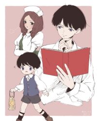  1boy 1girl aged_up aya_drevis black_hair blue_eyes blue_vest book braid brown_hair commentary_request dress genderswap genderswap_(ftm) hat holding holding_book holding_lantern lantern mad_father maria_(mad_father) nurse_cap official_art open_book seeen shorts twin_braids vest white_dress 