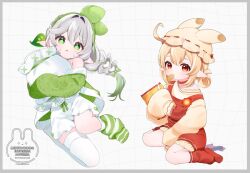  2girls ahoge alternate_costume alternate_hairstyle animal_ear_headwear blonde_hair bloomers blush bow braid chips_(food) commentary_request food food_in_mouth genshin_impact gradient_hair green_bow green_hair hair_between_eyes hair_bow hair_ornament hat holding holding_pillow inui_hinamochi klee_(genshin_impact) leaf_hair_ornament long_hair long_sleeves looking_at_viewer multicolored_hair multiple_girls nahida_(genshin_impact) parted_lips pillow pointy_ears potato_chips red_eyes red_socks side_braid single_thighhigh sitting sleeves_past_fingers sleeves_past_wrists socks star-shaped_pupils star_(symbol) strap_slip symbol-shaped_pupils thigh-highs wariza white_bloomers white_hair white_thighhighs yellow_hat 