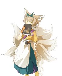  1girl absurdres animal_ear_fluff animal_ears apron arknights blonde_hair blue_hairband book feet_out_of_frame fox_ears fox_girl fox_tail gloves green_eyes hairband han_chi_zao_shui hand_up highres holding holding_book hongshan_forest_zoo kitsune looking_at_viewer multicolored_hair multiple_tails official_alternate_costume orange_gloves shirt simple_background solo standing suzuran_(arknights) tail white_apron white_background yellow_shirt 