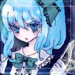  blue blue_eyes blue_hair bow character_name cirno colored_eyelashes eyelashes face frills hair_bow hair_ribbon ice lips lowres miri no_nose oekaki ribbon short_hair solo touhou 