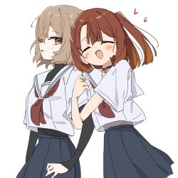  2girls arm_hug blush brown_eyes brown_hair closed_eyes commentary_request giryu heart highres layered_sleeves long_sleeves multiple_girls neckerchief open_mouth red_hair red_neckerchief sailor_collar short_over_long_sleeves short_sleeves simple_background smile undershirt watashi_wo_tabetai_hitodenashi white_background white_sailor_collar yaotose_hinako yashiro_miko yuri 
