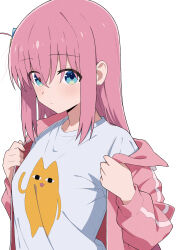  1girl absurdres azumanga_daioh blue_eyes blush bocchi_the_rock! character_print closed_mouth commentary_request cube_hair_ornament eyes_visible_through_hair gotoh_hitori hair_between_eyes hair_ornament hands_up highres jacket light_frown long_hair long_sleeves looking_at_viewer mihama_chiyo's_father one_side_up open_clothes open_jacket paid_reward_available pink_hair pink_jacket print_shirt ryo4423 shirt simple_background solo straight_hair track_jacket upper_body very_long_hair white_background white_shirt 