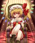  chair fang flandre_scarlet hat mondo open_mouth pinky_out ponytail red_eyes short_hair side_ponytail sitting skull smile thigh-highs thighhighs throne touhou white_legwear white_thighhighs wings wrist_cuffs 