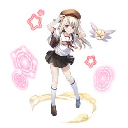  1girl artist_request backpack bag beret black_skirt brown_hat closed_mouth fate/kaleid_liner_prisma_illya fate_(series) full_body game_asset grand_summoners hat illyasviel_von_einzbern loafers magic_circle magical_ruby official_art pleated_skirt red_eyes red_ribbon ribbon shoes short_sleeves simple_background skirt smile socks solo star_(symbol) third-party_source transparent_background white_socks 