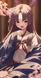  1girl absurdres blue_archive blue_haori blue_skirt blush chinese_commentary commentary_request eyeshadow fang flower hair_flower hair_ornament halo haori highres japanese_clothes long_hair looking_at_viewer makeup neckerchief purple_hair purple_halo re_naya red_eyeshadow red_neckerchief sailor_collar school_uniform shirt skin_fang skirt smile solo violet_eyes white_sailor_collar white_shirt yukari_(blue_archive) 
