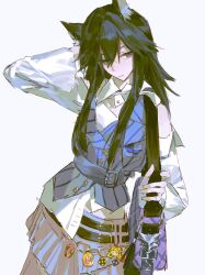  1girl absurdres animal_ear_fluff animal_ears arknights arm_behind_head bag belt black_belt black_hair blue_skirt blue_vest chinese_commentary closed_mouth collared_shirt commentary_request dafeiwurenkundexiangsi domino's_pizza hair_between_eyes hand_up highres holding_strap long_hair long_sleeves looking_at_viewer official_alternate_costume procreate_(medium) purple_bag shirt simple_background skirt solo texas_(arknights) vest white_background white_shirt wolf_ears wolf_girl 