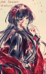  1girl absurdres black_hair black_sailor_collar black_serafuku black_skirt blunt_bangs commission flower hair_ornament highres hime_cut kayoi long_sidelocks neckerchief original red_eyes red_lips red_neckerchief sailor_collar school_uniform serafuku sidelocks skeb_commission skirt spider_lily 