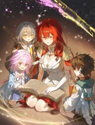  1boy 3girls absurdres aged_down astral_express_(honkai:_star_rail) baseball_bat black_gloves black_jacket black_shirt blue_eyes blue_jacket blue_skirt book book_on_lap breasts brown_hair cape commentary dan_heng_(honkai:_star_rail) dan_heng_(little_cat)_(honkai:_star_rail) dress earclip elbow_gloves epaulettes eyeliner full_body gloves green_eyes grey_hair hair_between_eyes hair_ornament highres himeko_(honkai:_star_rail) himeko_(nova)_(honkai:_star_rail) holding holding_baseball_bat holding_book honkai:_star_rail honkai_(series) jacket large_breasts long_hair looking_at_another makeup march_7th_(honkai:_star_rail) march_7th_(little_cat)_(honkai:_star_rail) medium_hair multicolored_eyes multiple_girls neck_ribbon official_alternate_costume open_book open_mouth parted_lips pink_eyes pink_hair reading red_cape red_eyeliner red_hair ribbon shirt single_elbow_glove sitting skirt sp0i0ppp star_(sky) starry_sky_background stelle_(honkai:_star_rail) stelle_(little_cat)_(honkai:_star_rail) trailblazer_(honkai:_star_rail) two-tone_eyes wariza white_dress white_gloves white_jacket white_shirt yellow_eyes 