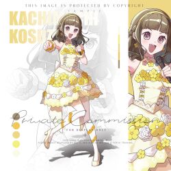  1girl :d armpits bare_shoulders braid brown_hair character_name clenched_hand color_guide dress full_body half_up_braid half_updo high_heels highres ima_kako_mirai_no_sangenshoku kachimachi_kosuzu leg_up long_hair looking_at_viewer love_live! love_live!_hasu_no_sora_jogakuin_school_idol_club open_mouth pantyhose pink_eyes ruoguiling sample_watermark shoes sleeveless sleeveless_dress smile solo teeth upper_teeth_only v-shaped_eyebrows virtual_youtuber watermark white_pantyhose yellow_dress yellow_shoes zoom_layer 