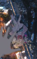  1girl 1other aqua_belt belt belt_collar blue_skirt collar commentary_request falling fang frilled_skirt frills grey_hair hair_intakes hair_ribbon jacket kneehighs loafers long_sleeves looking_at_viewer makaino_ririmu makaino_ririmu_(4th_costume) midriff_peek miniskirt navel neckerchief nijisanji open_clothes open_jacket outdoors pink_eyes pink_jacket pleated_skirt red_collar red_neckerchief ribbon school_uniform serafuku shoes sidelocks skin_fang skirt socks two_side_up wand white_serafuku white_socks yuuzai 