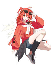  1girl :d absurdres ahoge arknights azk2 bandaid bandaid_on_knee bandaid_on_leg black_socks commentary detached_wings exusiai_(arknights) eyewear_on_head full_body grey_shoes grey_shorts highres jacket kneehighs long_sleeves looking_at_viewer medium_hair one_side_up open_mouth orange_eyes red_hair red_jacket shoes shorts simple_background single_sleeve_past_wrist smile socks solo sunglasses w white_background wings 