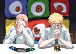  1boy 1girl artist_name blonde_hair chainsaw_man covering_own_mouth denji_(chainsaw_man) dress_shirt hand_over_own_mouth highres horns necktie orange_eyes pink_hair pochita_(chainsaw_man) power_(chainsaw_man) praying rubik's_cube rubik's_cube_devil serialboel shirt table watermark white_shirt 