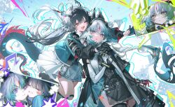  2girls animal_ears arcane_(arknights) arknights arknights:_endfield asymmetrical_gloves bird_ears bird_girl black_gloves black_hair blue_eyes blue_gloves blue_horns blue_jacket blue_tail cheek-to-cheek chen_qianyu_(arknights) commentary dragon_girl dragon_horns dragon_tail eastern_dragon_horns eastern_dragon_tail elbow_gloves english_commentary facial_mark forehead_mark glomp gloves grey_hair head_wings heads_together highres horns hug hug_from_behind imminent_hug jacket lentain long_hair long_sleeves mismatched_gloves multicolored_gloves multiple_girls open_mouth tail two-sided_gloves two-tone_gloves white_gloves wings 
