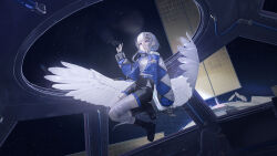  1girl angel_wings bandages black_boots black_shorts blue_jacket blue_nails boots choker commentary_request earrings floating full_body hair_ornament hairclip highres jacket jewelry long_hair long_sleeves looking_to_the_side mochimochi_kashiwa multicolored_hair open_clothes open_jacket re:act reaching shorts solo space spacecraft star_(sky) usuwa_suu violet_eyes virtual_youtuber watermark white_hair white_wings window wings zero_gravity 