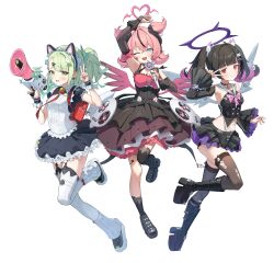  absurdres angels_of_delusion animal_ear_hairband animal_ears apron aria_(human)_(discordant_note)_(zenless_zone_zero) aria_(human)_(zenless_zone_zero) aria_(zenless_zone_zero) armpits bag bare_shoulders bell black_boots black_bridal_gauntlets black_choker black_dress black_garter_straps black_hair black_shirt black_shoes black_skirt black_streaks blue_eyes blush boots bow bowtie breasts bridal_gauntlets brown_thighhighs cat_ear_hairband cat_ears chiu538 choker closed_mouth commentary_request crop_top crossed_bangs detached_sleeves dress earrings fake_animal_ears fake_wings frills full_body garter_straps ghost_hair_ornament green_eyes green_hair green_nails hair_between_eyes hair_ornament hairband hairclip halo hand_up heart heart_earrings heart_halo highres holding holding_megaphone holding_microphone jewelry knee_boots korean_commentary layered_skirt long_hair long_sleeves looking_at_viewer maid maid_apron maid_headdress medium_breasts megaphone microphone midriff miniskirt multicolored_hair nangong_yu nangong_yu_(rhapsody's_muse) navel neck_bell official_alternate_costume one_eye_closed pink_hair platform_boots purple_skirt red_bag red_eyes sailor_collar shirt shoes short_sleeves simple_background skirt skull_ornament sleeveless sleeveless_shirt smile stomach streaked_hair sunna_(afternoon_tea_break)_(zenless_zone_zero) sunna_(zenless_zone_zero) thigh-highs torn_clothes torn_thighhighs twintails v white_background white_sailor_collar white_thighhighs white_wings winged_bag wings zenless_zone_zero 