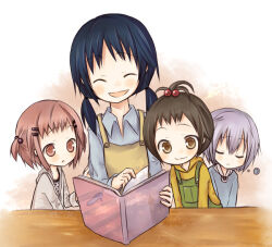  4girls :d :o ^_^ amakaze_sora apron black_hair blush book brown_apron brown_eyes brown_hair closed_eyes closed_mouth collared_shirt commentary_request grey_hair grey_jacket grey_shirt hair_bobbles hair_ornament holding holding_book hood hood_down hooded_jacket hoodie jacket long_hair low_twintails multiple_girls open_book original overalls parted_lips polka_dot polka_dot_shirt shirt short_twintails smile twintails two_side_up upper_body white_shirt yellow_hoodie 