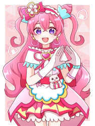  1girl animal apron asako_(puiu9k) back_bow blue_bow border bow bow_apron brooch capelet cat choker commentary_request cone_hair_bun corset cowboy_shot crossed_bangs cube cure_precious delicious_party_precure dot_nose double_bun earrings flower flower_knot food food-themed_bag frilled_capelet frilled_hairband frilled_skirt frills gloves gold_earrings hair_between_eyes hair_bow hair_bun hair_flower hair_ornament hair_ribbon hairband happy heart heart_brooch highres jewelry kome-kome lace-trimmed_gloves lace_trim large_bow long_hair magical_girl miniskirt mismatched_earrings nagomi_yui onigiri open_mouth outside_border pink_background pink_bow pink_choker pink_hair pink_hairband pink_ribbon pink_skirt pleated_skirt precure red_corset ribbon skirt skirt_under_dress smile standing tailcoat teeth triangle two-tone_skirt two_side_up upper_teeth_only very_long_hair waist_apron waist_bag watch watch wavy_hair white_border white_capelet white_flower white_gloves yellow_ribbon yellow_skirt 