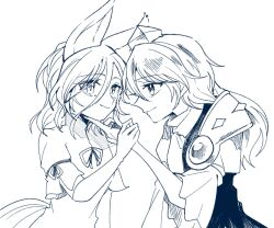  2girls animal_ear_fluff animal_ears armor blue_theme closed_mouth commentary_request dress eye_contact fox_ears fox_girl fox_tail hair_between_eyes hat iizunamaru_megumu itomugi-kun kudamaki_tsukasa long_hair long_sleeves looking_at_another monochrome multiple_girls neck_ribbon pauldrons ribbon romper scratching_chin short_sleeves shoulder_armor shoulder_guard single_pauldron sleeve_ribbon smile tail tokin_hat touhou wide_sleeves yuri 
