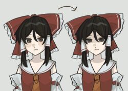  1girl absurdres arrow_(symbol) ascot bow brown_eyes brown_hair commentary_request detached_sleeves frilled_bow frilled_hair_tubes frills frown grey_background hair_bow hair_tubes hakurei_reimu highres long_hair looking_at_viewer multiple_views red_bow ribbon-trimmed_sleeves ribbon_trim simple_background touhou yellow_ascot yuke_yukima 