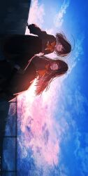  2girls against_wall backlighting banakotakemaru black_hair black_skirt black_socks blue_sky chain-link_fence closed_eyes clouds cloudy_sky commentary_request facing_another facing_to_the_side fence floating_hair grey_shirt happy highres kneehighs leg_up long_hair long_sleeves medium_skirt multiple_girls neckerchief open_mouth original outdoors red_neckerchief school_uniform serafuku shirt short_hair sideways skirt sky smile socks standing twilight very_long_hair 
