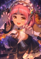  1girl :d arched_bangs black_dress bow breasts claw_pose commentary_request dress eyelashes fingernails frilled_headwear hair_bow hair_ornament hairclip hands_up happy headdress lacey_(fall_2025)_(pokemon) lacey_(pokemon) long_sleeves looking_at_viewer official_alternate_costume open_mouth pink_hair pokemon pokemon_masters_ex revision signature smile solo sparkle wakame1441 yellow_bow 