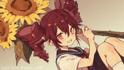  1girl alternate_costume artist_name black_sailor_collar brbr_vrvr commentary_request dated drill_hair flower highres holding holding_flower kasane_teto looking_at_viewer red_eyes red_hair sailor_collar school_uniform serafuku shirt short_sleeves solo sunflower twin_drills utau white_shirt yellow_flower 