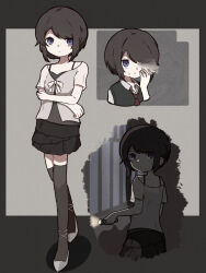  1girl ankle_strap arms_under_breasts asou_misaki barred_window black_border black_camisole black_hair black_skirt black_thighhighs black_vest blue_eyes border brown_necktie camisole closed_mouth collared_shirt commentary_request cowboy_shot cropped_shoulders crossed_arms distortion fatal_frame fatal_frame:_mask_of_the_lunar_eclipse flashlight full_body grey_background hand_on_own_cheek hand_on_own_face hand_up highres holding holding_flashlight indoors looking_ahead looking_at_viewer looking_back miniskirt necktie nekokumatta one_eye_covered outside_border parted_lips ribbon school_uniform see-through_clothes see-through_shirt shade shirt shoes short_hair short_sleeves skirt spaghetti_strap standing sweatdrop thigh-highs vest white_ribbon white_shirt white_shoes window zettai_ryouiki 