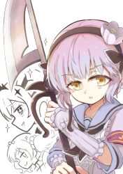  black_hairband comiket_92 commentary_request flame_flamey flower flower_ornament hair_flower hair_ornament hairband holding holding_polearm holding_weapon kyukyutto_(denryoku_hatsuden) looking_at_viewer magical_girl mahou_shoujo_ikusei_keikaku mahou_shoujo_ikusei_keikaku_restart mahou_shoujo_ikusei_keikaku_unmarked open_mouth pink_hair polearm ruler_(mahoiku) sailor_collar school_uniform short_hair snow_white_(mahoiku) weapon white_background white_flower yellow_eyes 