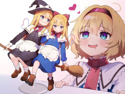  3girls alice_margatroid alice_margatroid_(cosplay) apron black_hat black_skirt black_vest blonde_hair blue_dress blue_eyes blush boots bow bowtie broom broom_riding brown_boots capelet chikuzen1996 commentary_request cosplay dress drooling hair_bow hairband hat hat_bow heart highres kirisame_marisa kirisame_marisa_(cosplay) long_hair mouth_drool multiple_girls multiple_riders open_mouth red_bow red_bowtie red_hairband shanghai_doll short_hair skirt smile touhou vest waist_apron white_apron white_bow white_capelet witch_hat yuri 