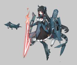 black_hair black_skirt blue_pupils breasts chinese_commentary commentary_request energy_sword frider grey_background highres medium_breasts medium_skirt original personification red_eyes red_star skirt soviet_naval_aviation star_(symbol) sword tail tassets vambraces vehicle_and_personification war_thunder weapon wings yak-38 