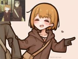  anime_screenshot_inset bag brown_coat brown_hair closed_eyes coat commentary english_commentary grabbing_another's_arm heart highres kanazawa_(shoujo_shuumatsu_ryokou) open_mouth out_of_frame pointing pointing_to_the_side reference_inset satchel screenshot_inset shimejimee short_hair shoujo_shuumatsu_ryokou simple_background smile twitter_username 