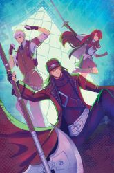  1girl 2boys absurdres aragaki_shinjirou arm_up armband astrakamii axe bandaid bandaid_on_face bandaid_on_forehead beanie black_boots black_gloves black_pants black_skirt black_sweater boots bow bowtie brass_knuckles brown_hair capelet closed_mouth coat english_commentary feet_out_of_frame fighting_stance gekkoukan_high_school_uniform gloves grey_hair hair_between_eyes hair_over_one_eye hat highres holding holding_axe holding_sword holding_weapon kirijou_mitsuru long_hair multiple_boys pants persona persona_3 persona_3_reload red_armband red_bow red_bowtie red_hair red_sweater_vest s.e.e.s sanada_akihiko school_uniform serious shirt short_hair skirt sweater sweater_vest sword turtleneck turtleneck_sweater weapon white_shirt 