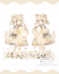 2girls animal_ears back_bow black_bow black_ribbon black_shoes blush_stickers bow braid closed_mouth commentary dog_ears dog_girl dog_tail dress english_commentary flats flower full_body grey_dress grey_eyes grey_hair highres holding holding_flower kneehighs long_sleeves multiple_girls mura_(yoshishi_ff) open_mouth original painting_(medium) pinafore_dress puffy_long_sleeves puffy_sleeves ribbon shirt shoes short_twintails siblings sisters sleeveless sleeveless_dress socks tail traditional_media twin_braids twins twintails watercolor_(medium) watermark white_shirt white_socks 