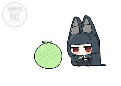  1girl absurdres animal_ear_fluff animal_ears aqua_jacket black_hair black_necktie black_skirt chibi commentary_request food fox_ears fox_girl fruit full_body highres hoshimi_miyabi jacket long_hair melon necktie red_eyes shinonome_nashi shirt skirt solo white_background white_shirt zenless_zone_zero 