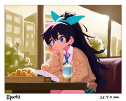  1girl arm_rest artist_name black_hair blue_eyes blue_ribbon book booth_seating border brown_cardigan cardigan closed_mouth collared_shirt commentary dated day drink earphones earphones esprexo42 food ganaha_hibiki hair_ribbon head_rest high_ponytail highres idolmaster idolmaster_(classic) indoors long_hair miniskirt necktie open_book plaid_clothes plaid_necktie plaid_skirt pleated_skirt ponytail restaurant ribbon shirt sitting skirt solo untranslatable_commentary white_border 