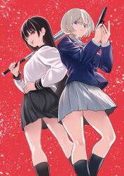  2girls absurdres back-to-back baseball_bat black_hair black_skirt black_socks blonde_hair blue_eyes blue_jacket breasts commentary_request frown grey_skirt gun hand_on_own_hip handgun highres holding holding_baseball_bat holding_gun holding_weapon izumida_fuyuki jacket kiriya_kaika large_breasts long_hair looking_at_viewer madara_rumble medium_breasts miniskirt multiple_girls official_art one_eye_closed pleated_skirt red_background red_eyes school_uniform serafuku serious short_hair skirt smile socks subaru_reo tongue tongue_out very_long_hair weapon 